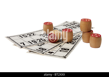 Wooden kegs with pink figures on game cards Stock Photo