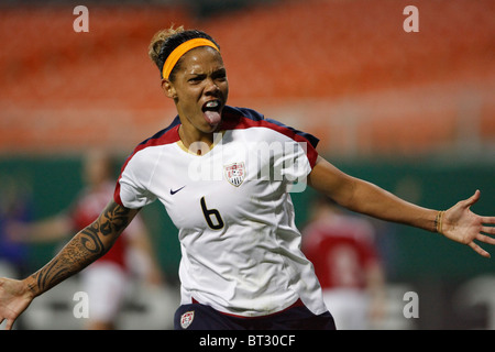 United States forward Natasha Kai celebrates after scoring a goal against Canada during an international soccer friendly. Stock Photo