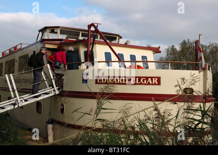 River cruiser MV Edward Elgar moored on the Gloucester Sharpness canal near Slimbridge Stock Photo