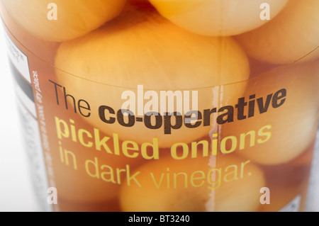 Jar of Co-Operative pickled onions in dark vinegar Stock Photo