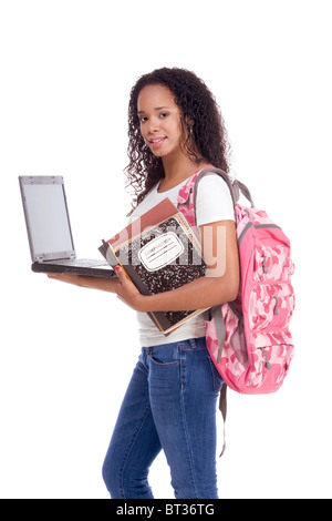 education series template - Friendly ethnic black woman high school student with portable computer Stock Photo