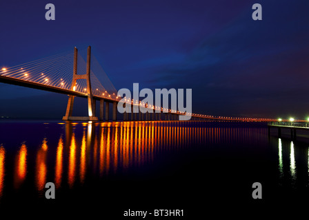 Portugal, Lisbon: Bridge Ponte Vasco da Gama by night Stock Photo