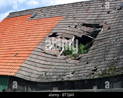 Damaged roof of an old farmhouse in Tespe, Elbmarsch, Germany. Stock Photo