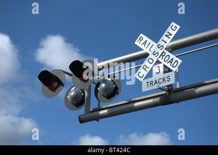 Railroad crossing traffic signals Stock Photo