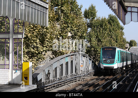 Paris, Metro train approaching La Chapelle station Stock Photo