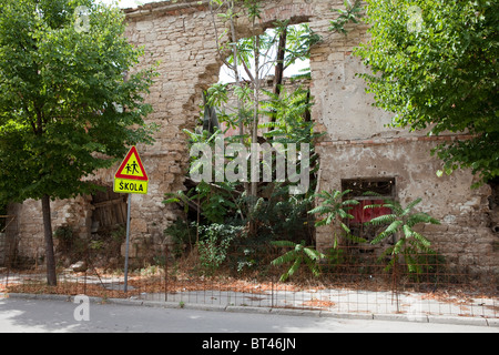 Shelled building on the front line street called Santica Street in Mostar, Bosnia and Herzegovina. Stock Photo