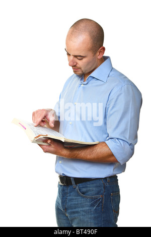 standing caucasian man with book isolated on white Stock Photo