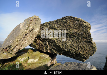 Balanced Devonian Limestone Rock on top of Castle Rock, Valley Of The Rocks, Exmoor, Devon Stock Photo