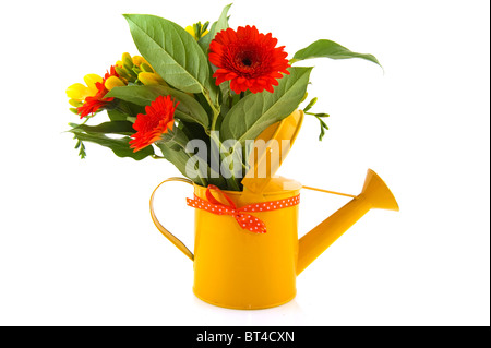 Flower bouquet with orange Gerber and yellow Freesia in watering can Stock Photo