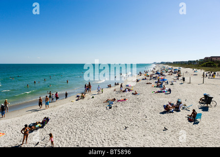View of the beach from the pier, Cocoa Beach, Space Coast, Florida, USA Stock Photo