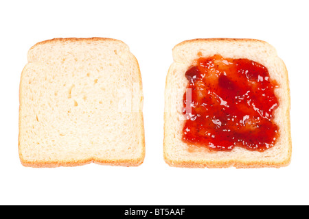 Toast with strawberry jam isolated on white background Stock Photo