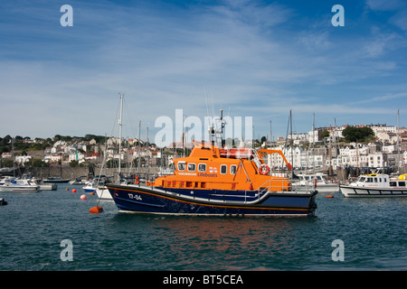 The Spirit of Guernsey R.N.L.I lifeboat moored in St.Peter Port harbour Guernsey, Channel Islands Stock Photo