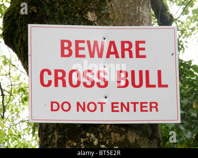 Funny warning sign, Beware Cross Bull, Ireland Stock Photo