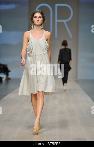 Model on runway featuring designer Angela Chen on  Day 2 of the LG Fashion Week in Toronto, Canada. Stock Photo