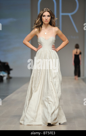 Model on runway featuring designer Angela Chen on  Day 2 of the LG Fashion Week in Toronto, Canada. Stock Photo