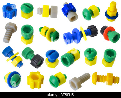 Toy plastic details - bolts, nuts, gears, on a white background Stock Photo