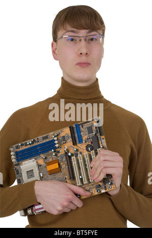 The student with an circuit board in hands on a white background Stock Photo