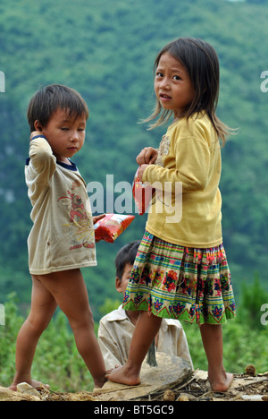 Tribal Flower Hmong brother and sister near Sapa, Vietnam Stock Photo