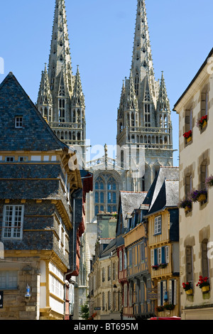 Quimper, cathedral and timbered houses in Brittany, France Stock Photo