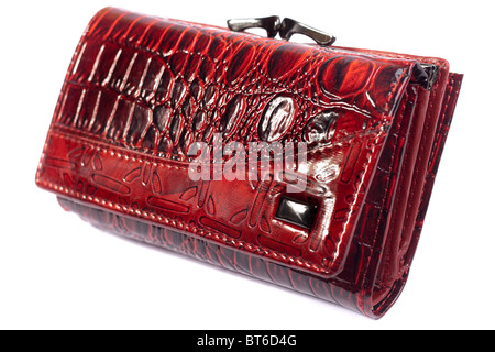 Red shiny purse isolated on white. Stock Photo