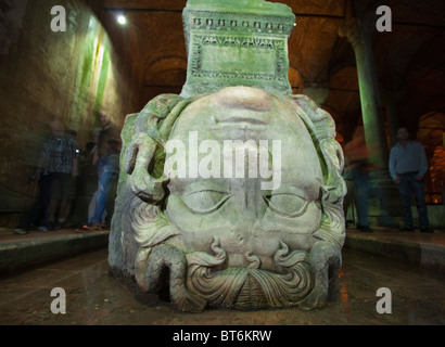 Head of Medusa in the underground Yerebatan Sarayi Cistern Istanbul Turkey view 100906 Turkey Stock Photo