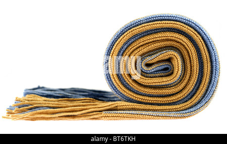 Striped rolled scarf with fringe isolated on white Stock Photo