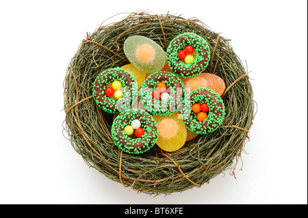 Fontant easter baskets and jelly eggs in an easter basket Stock Photo