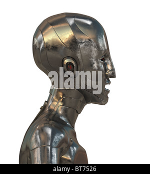 Gold futuristic robotic man. Bizarre cyborg in golden style isolated on white Stock Photo