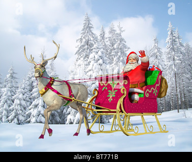 Santa claus driving a sleigh with reindeer, on a snowy ground, with a snowy forest on the background. Stock Photo