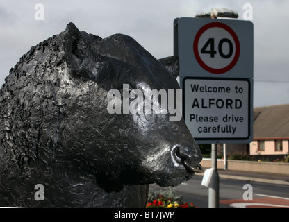 The statue of the Aberdeen Angus bull at the entrance to the town of Alford in Aberdeenshire, Scotland, UK Stock Photo