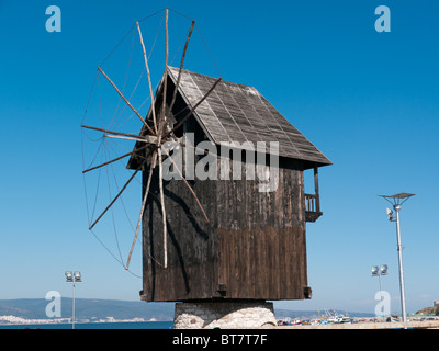 Old Windmill in Nessebar Bay, Bulgaria, Black Sea Stock Photo