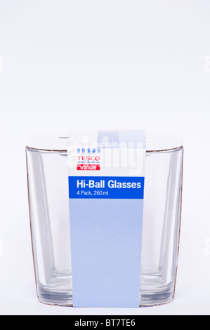 A close up photo of a pack of four tesco Hi-Ball glasses against a white background Stock Photo