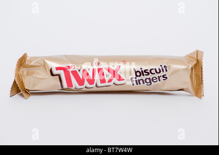 A close up photo of a snack size Twix chocolate bar against a white background Stock Photo