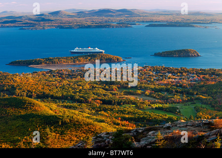 An Autumn dawn over Bar Harbor and the Queen Mary 2 - viewed from Cadillac Mountain in Acadia National Park, Maine USA Stock Photo