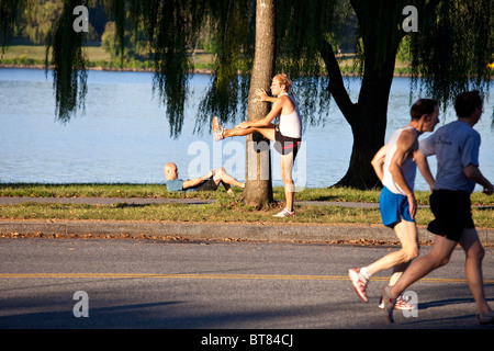 Stretching before a race in Washington DC Stock Photo