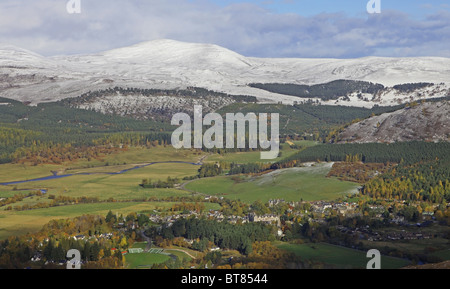 The village of Braemar, Aberdeenshire, Scotland, seen from the summit of Morrone or Morven Stock Photo