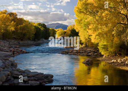 Autumn view of fall colors along the Arkansas River in the small mountain town of Salida, Colorado, USA Stock Photo