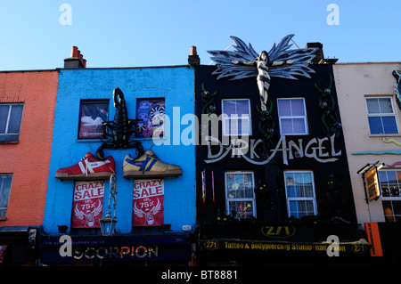 Colourful shops and buildings on the High Street in Camden Town, London ...