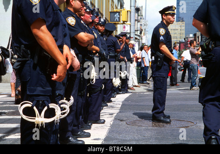 NYPD officers policing a demonstration in downtown Manhattan, New York City, USA Stock Photo
