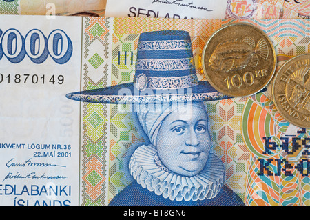 Europe, Iceland. Local currency, Icelandic Kronur bills & coins. Stock Photo