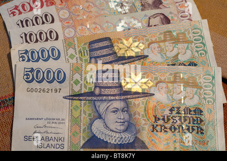 Europe, Iceland. Local currency. 500, 1,000 & 5,000 Icelandic Kronur bills. Stock Photo