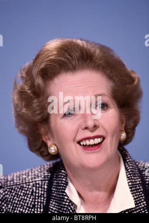 Margaret Thatcher, British Prime Minister, at a Press Conference, London on June 8, 1987 during the General Election campaign. Stock Photo