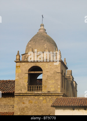 The adobe walled bell tower at California Mission San Carlos Borromeo de Carmelo Stock Photo