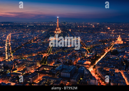 Sunset in Paris with the view from the Tour Montparnasse Tower on the Eiffeltower Stock Photo