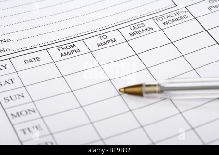 start and finish time hours worked and breaks on a weekly timesheet for a temping employment agency Stock Photo