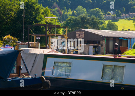 Narrow Boats at Kerridge Dry Dock on the Macclesfield Canal near Bollington in Cheshire; Stock Photo