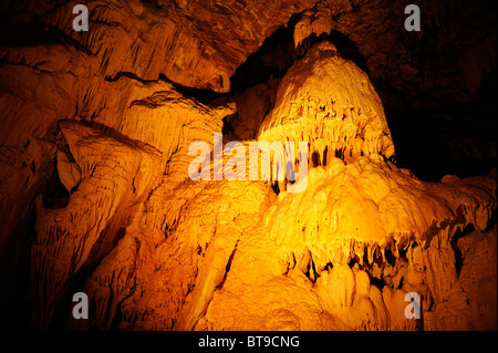 Stalagmites, stalactites, stalagnates and small fistulas of calcite in the Orbe Caves, Grotte von Vallorbe, Jura, Switzerlan Stock Photo