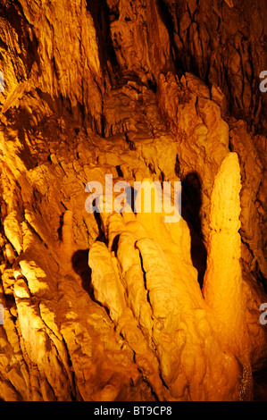 Stalagmites, stalactites, stalagnates and small fistulas of calcite in the Orbe Caves, Grotte von Vallorbe, Jura, Switzerlan Stock Photo