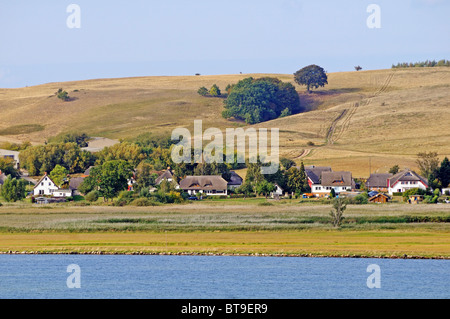 View from the Suedperd across the bay to the village of Gross Zicker and the Zickersche Berge mountains, Moenchgut, Stock Photo