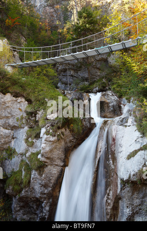Chain bridge crossing the Tschauko Waterfall, Tscheppaschlucht Gorge, Loibltal Valley, Karawanken, Carinthia, Austria, Europe Stock Photo